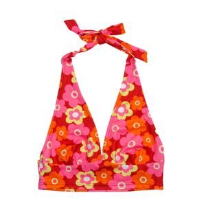 Shein Pink Orange Floral Halter Crop Top Medium Retro Flower Print